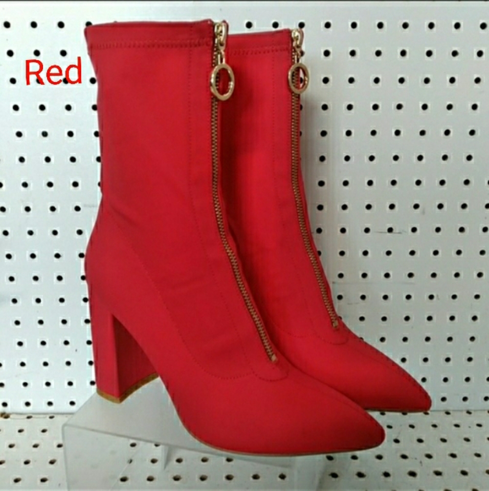 London | Red Boots Booties | Women's Ankle Stretch 4" High Chunky Block Heel